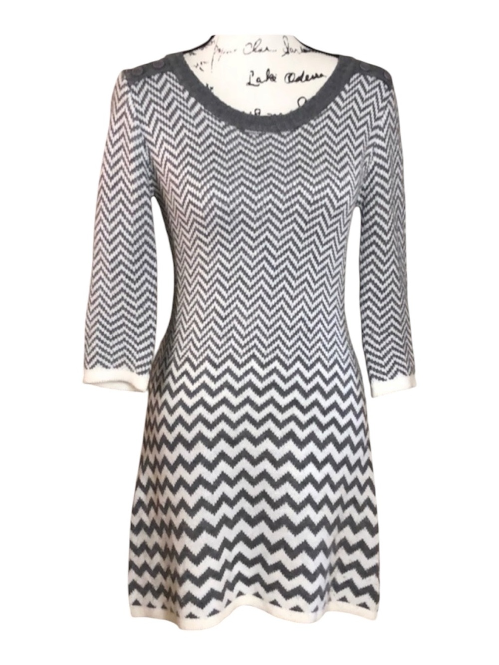Gray White Chevron Knit Sweater Dress 3/4 Sleeve Fit & Flare Women’s M